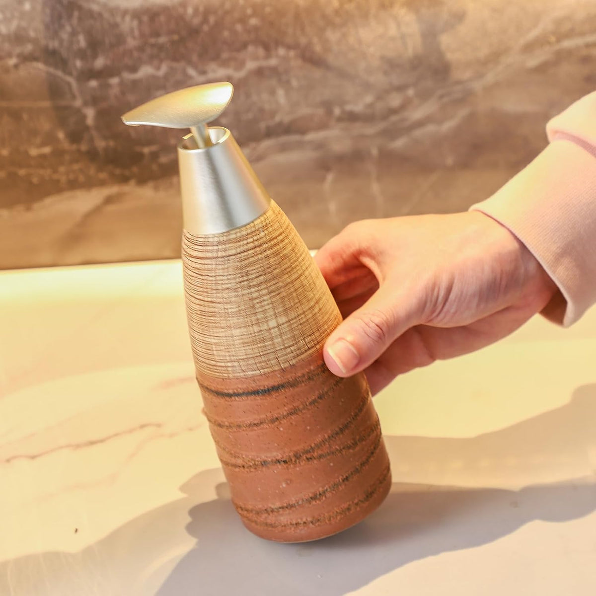 Ceramic Soap Dispenser with Plastic Pump – 12oz Refillable Liquid Dispenser for Bathroom, Kitchen, Office, Hotel, Airbnb, or Vacation Rental (Type G)