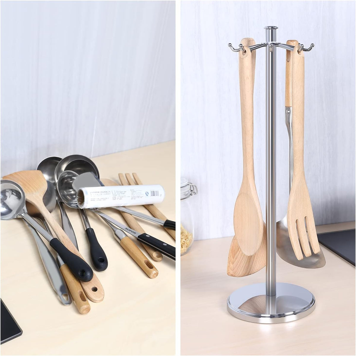 Kitchen Countertop Utensil Holder, Stainless Steel Rotatable Cooking Utensils Holder with 8 Rotating Hooks, Hanging Organizer for Spoon, Spatula, Soup Ladle, Spaghetti Server, Skimmer, Chrome