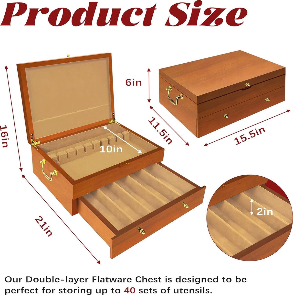 Silverware Storage Box Solid Wood with Lid, 2 Layer Silverware Storage Chest, 15.5'' ×11.5'' Silverware Organizer with Handle and Felt Lined, Chest for Flatware Setting Up 30