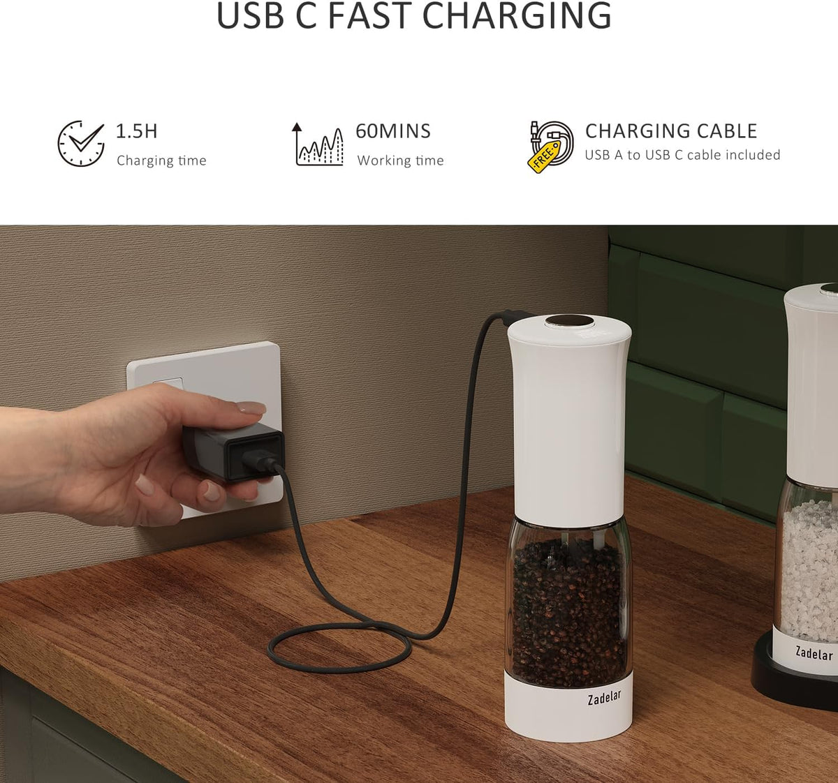 Electric Salt and Pepper Grinder Set with LED Power Display,Larger Capacity Salt and Pepper Shakers Set Rechargeable Electric with Flexible Coarsenes,LED Light,One Hand Operation for Kitchen(White)