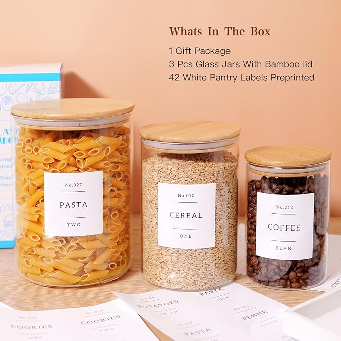 3 Pcs Glass Canisters with Airtight Bamboo Lids and 42 Kitchen Pantry Labels Preprinted - Clear Glass Flour and Sugar Storage Container Set - Large Glass Jars with Wood Lids(100 OZ/54 OZ/27 OZ)