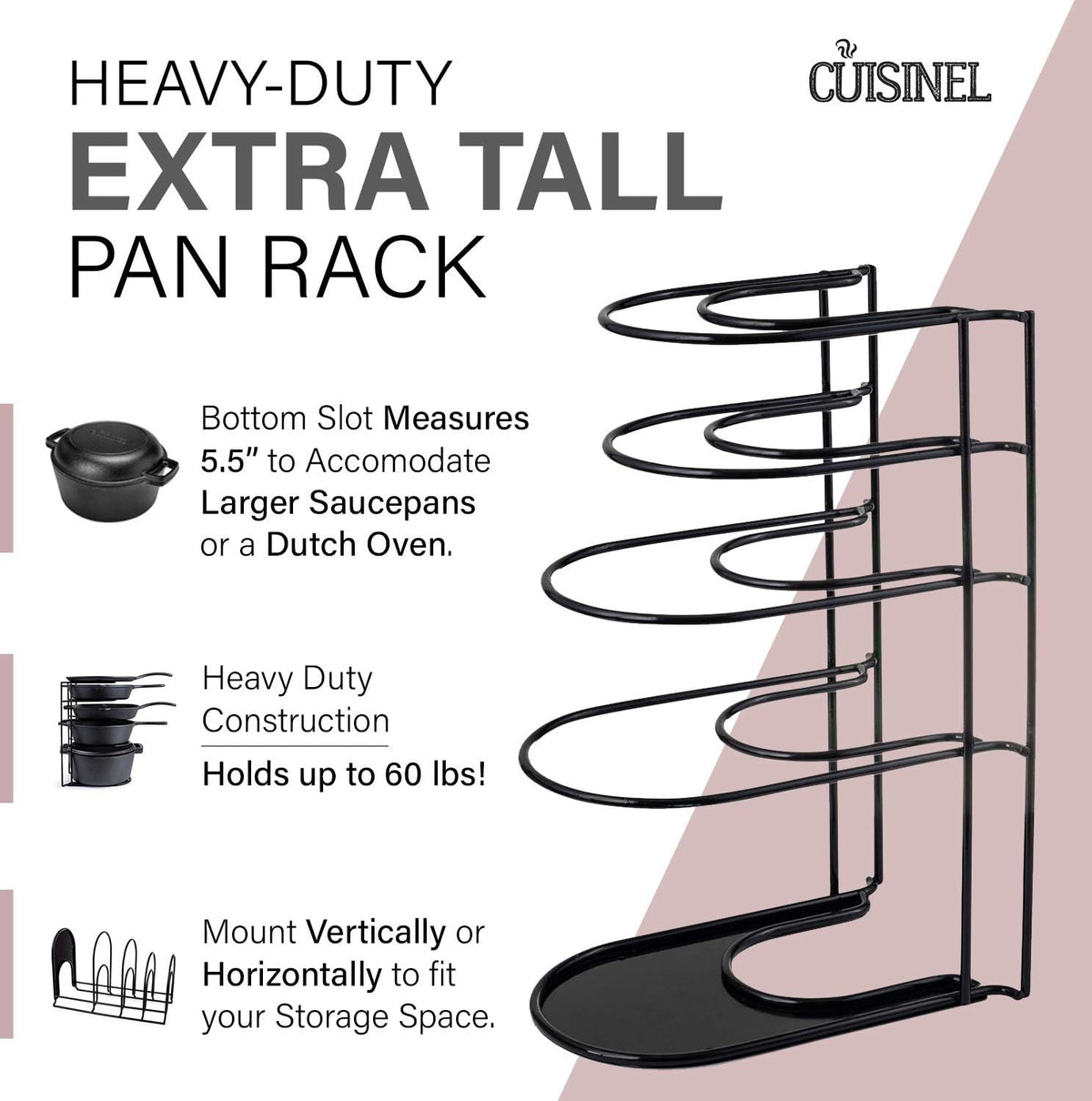 Cuisinel Heavy Duty Pots and Pans Organizer - Extra Large 5-Tier Rack - Holds Cast Iron Skillets, Dutch Oven - Durable Construction - Space Saving Kitchen Storage - No Assembly Required - Black 15.4"