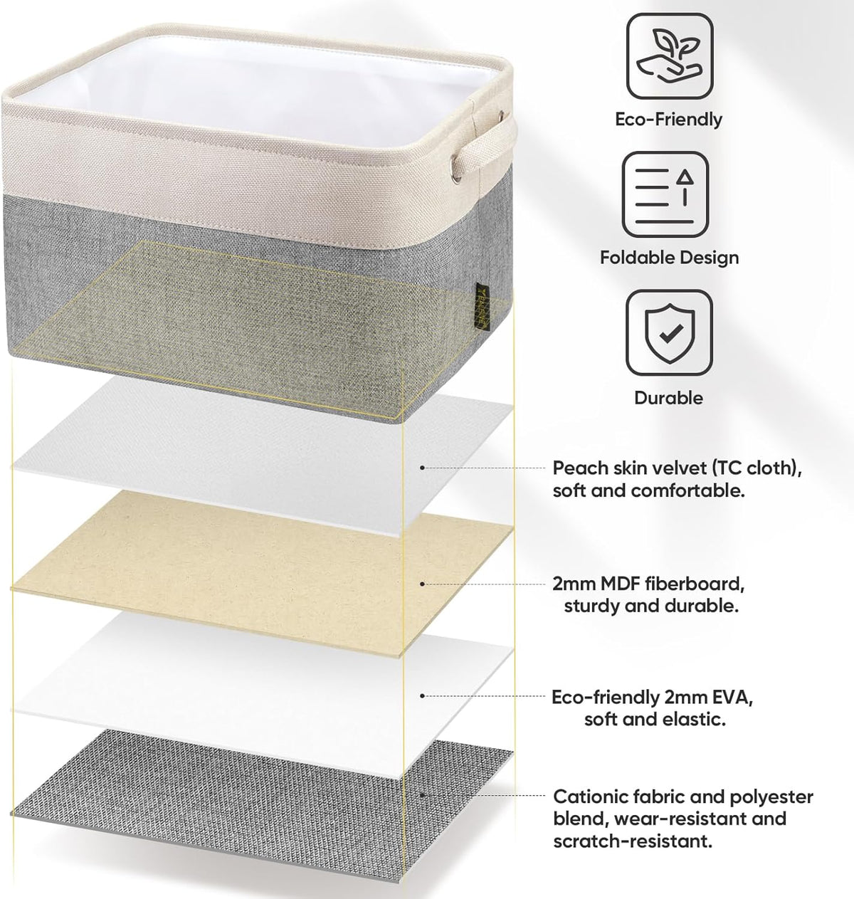 BALEINE 2 Pack Fabric Storage Bins for Shelves, Linen Storage Baskets for Organizing, Decorative Closet Bins for Clothes, Home (Grey, 12"x8"x8")