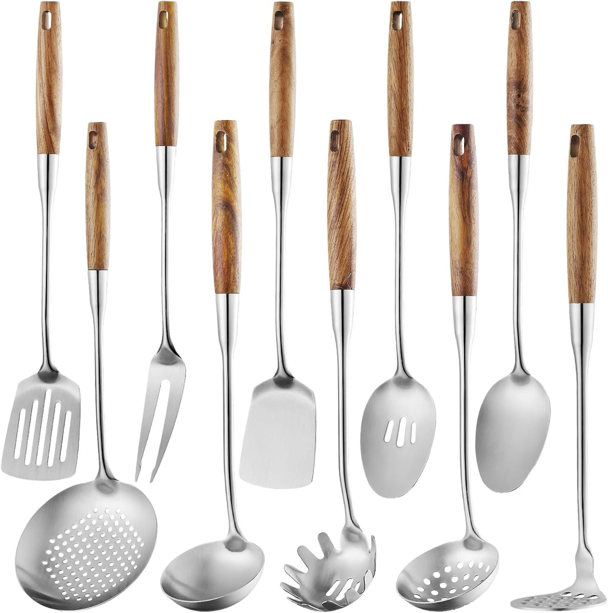 Lazycorner 304 Wooden Handle Stainlss Steel Kitchen Utensils Set 10 Pcs Cooking Utensils Set Heat Resistant Wooden Handle Kitchen Tools Metal Kitchen Utensil Spatula Sets