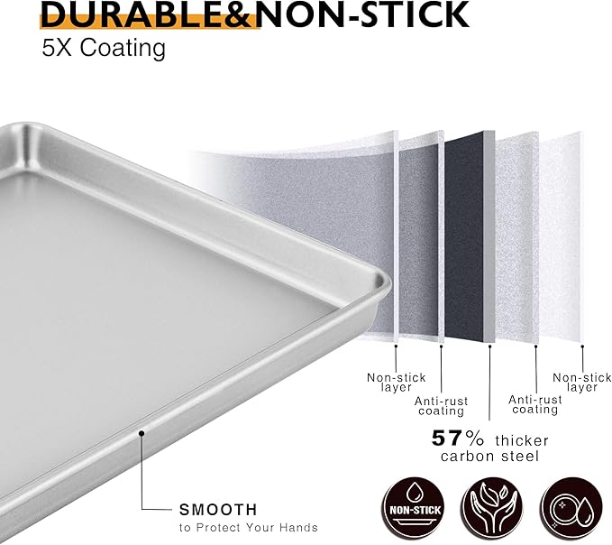 HONGBAKE Half Baking Sheet Pan Set of 2, Nonstick Cookie Sheet for Oven, Heavy Duty 1/2 Commercial Cookie Trays, Dishwasher Safe - Silver