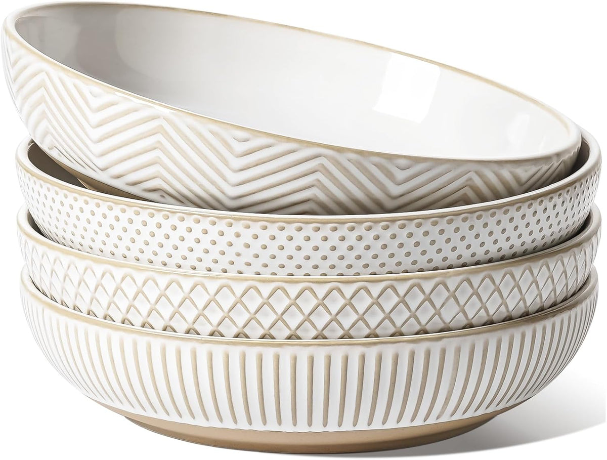 LE TAUCI Pasta Bowls 46oz, Large Salad Bowl, Ceramic Serving Plate, House-warming Wedding Present, Embossment Stoneware Bowl for Fruits, Noodle, Dinner - 9 Inch, Set of 4, Arctic White