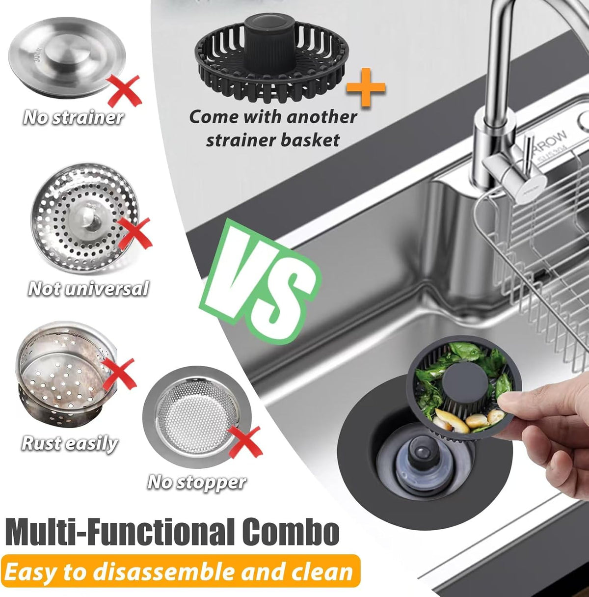 Kitchen Sink Drain Strainer, 3 in 1 Pop Up Kitchen Sink Stopper, with An Extra Basket Strainer, Universal for US Standard 3-1/2 Inch, Black
