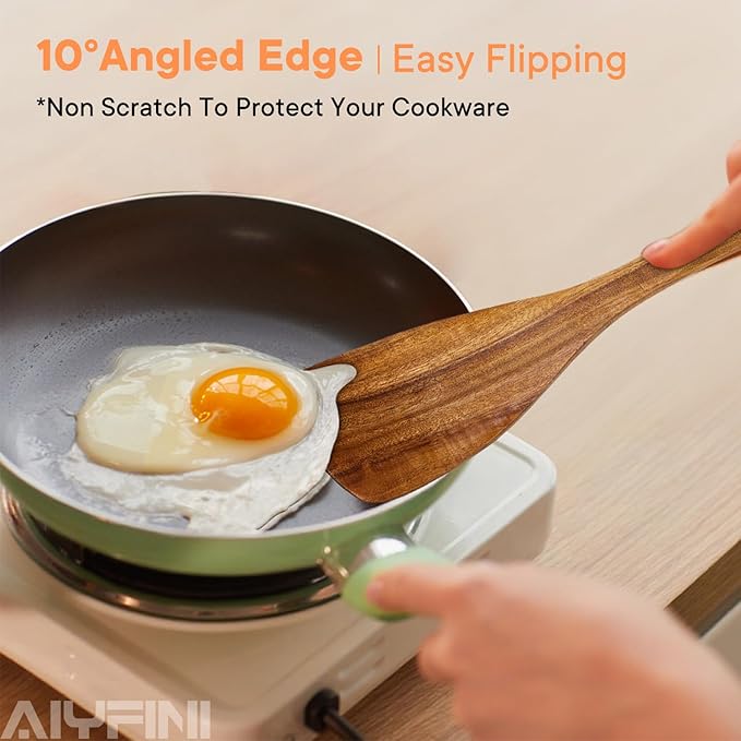 Non-Toxic Wooden Utensils for Cooking - Natural Acacia & Glue-Free,15.4" Large Spatula Set, Long Handle for Scald-Resistant, Wood Kitchen Spoons/Chopsticks/Holder, for Non Stick Frying Pans by ALYFINI