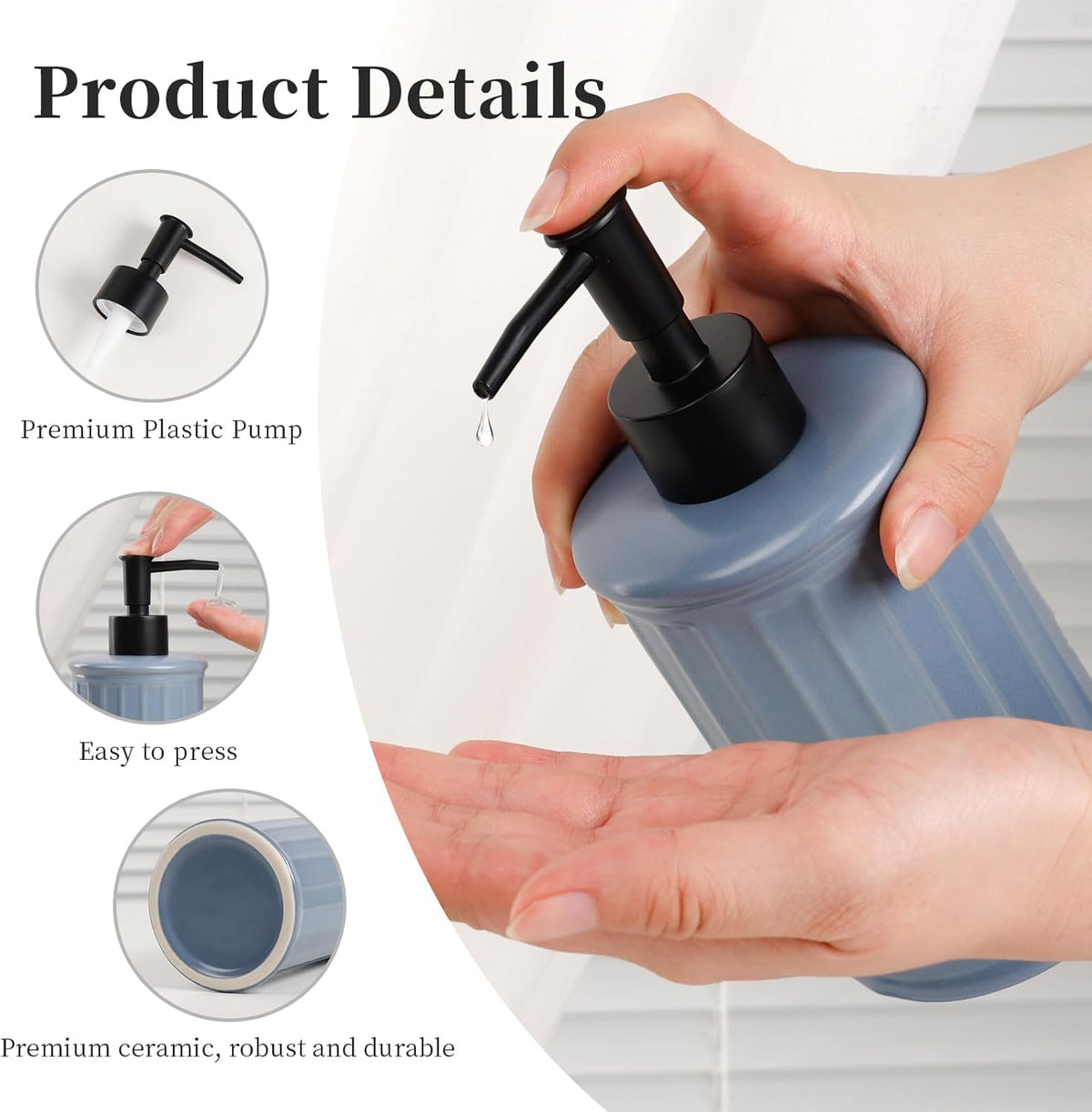 Ceramic Soap Dispenser - Blue Liquid Hand Soap Dispenser Bathroom, Modern Refillable Dish Wash Soap Bottle for Kitchen, ANTIS'S HOME