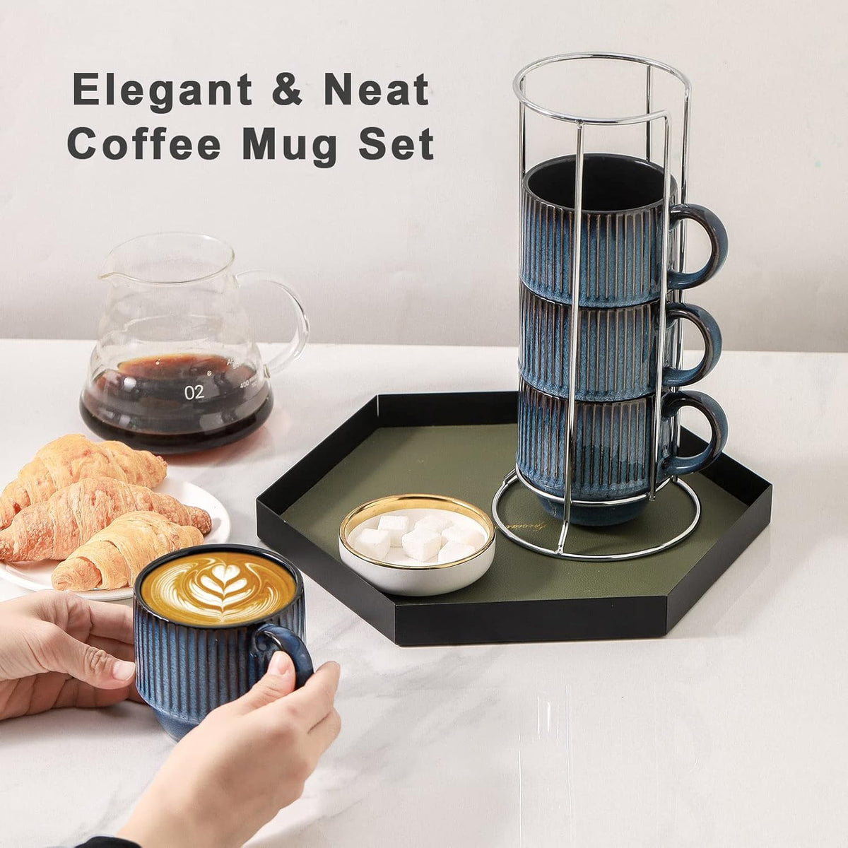 Hasense Navy Coffee Mugs Porcelain Set of 4 with Rack - 12 oz Stackable Coffee Cups Ceramic, Modern Ribbed Latte Cup Sets for Cappuccino, Tea, Espresso, Hot Cocoa, Drinks - Dishwasher & Microwave Safe