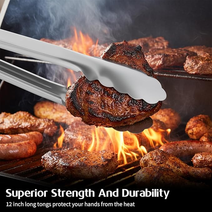 12 Pcs Stainless Steel Kitchen Tongs, 7/9/12 Inches Heat Resistant Cooking Tongs Heavy Duty Metal Locking Tong Non-Slip Metal Food Tong for Cooking Food Grill Salad BBQ