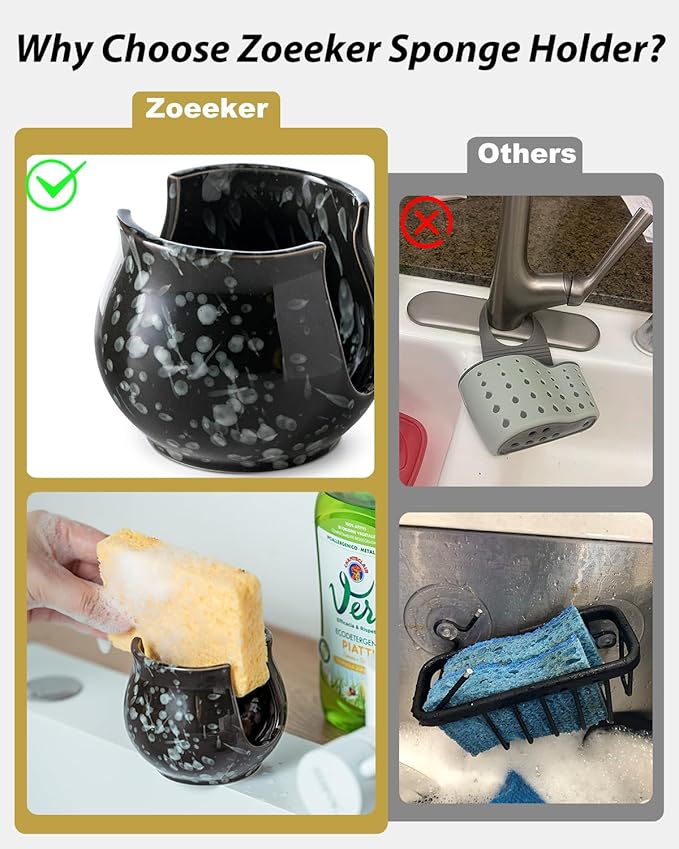 Kitchen Sponge Holder, Ceramic Dish Sponge Holder Kithen Sink Organizer Farmhouse Brush Holder Dish Rack for Bathroom, Kitchen, Sink, Black