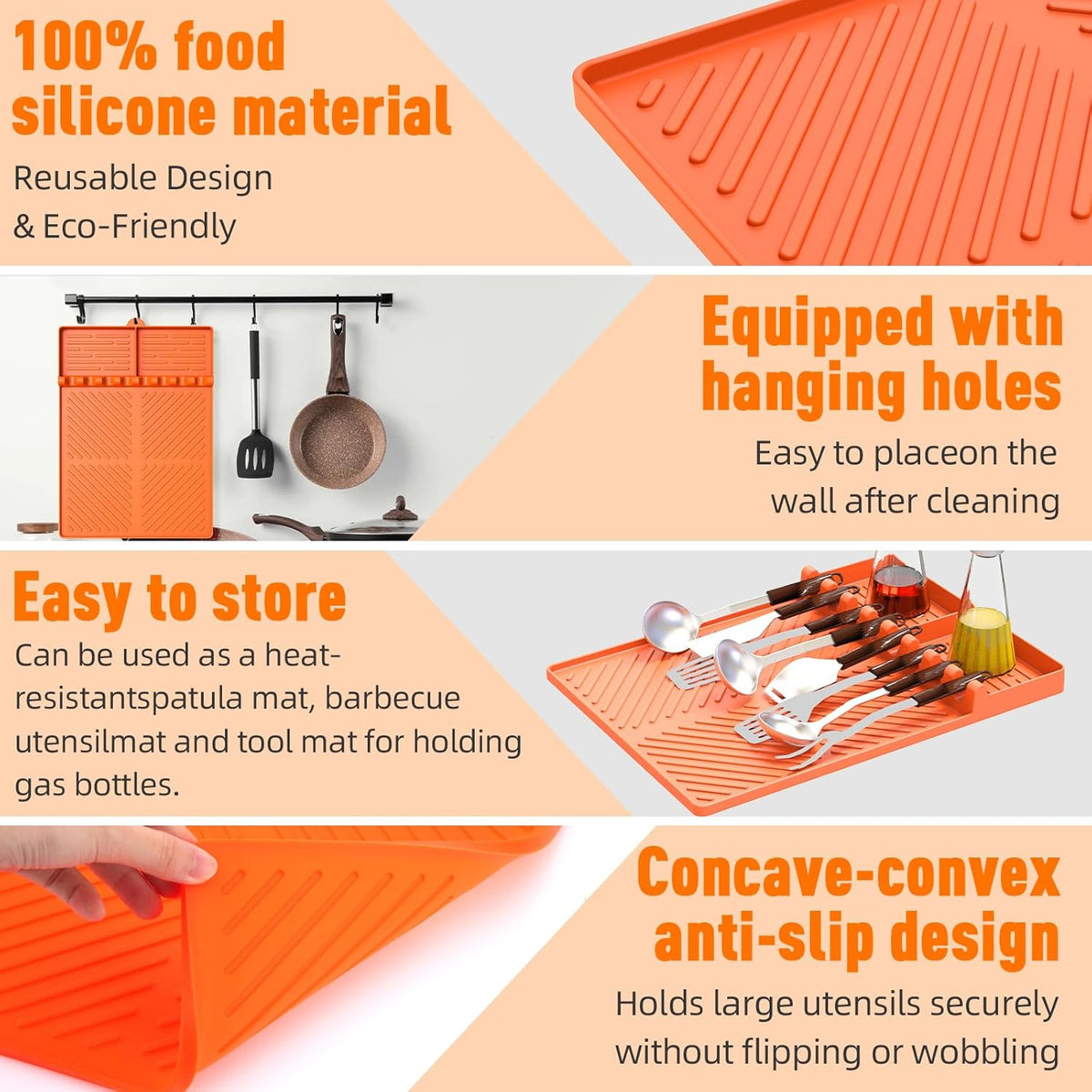 Silicone Grill Mat Compatible with Blackstone, Silicone Griddle Tools Mat with Drip Pad, Spatula Mat for Outdoor Grill Kitchen Counter (Orange)