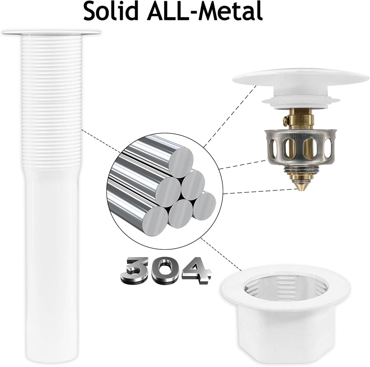 Bathroom Sink Drain,2 Pack White Drain Stopper Bathroom Sink Without Overflow,Pop Up Drain Assembly with Detachable Strainer Basket,Built-in Anti-Clogging, Stainless Steel Nut