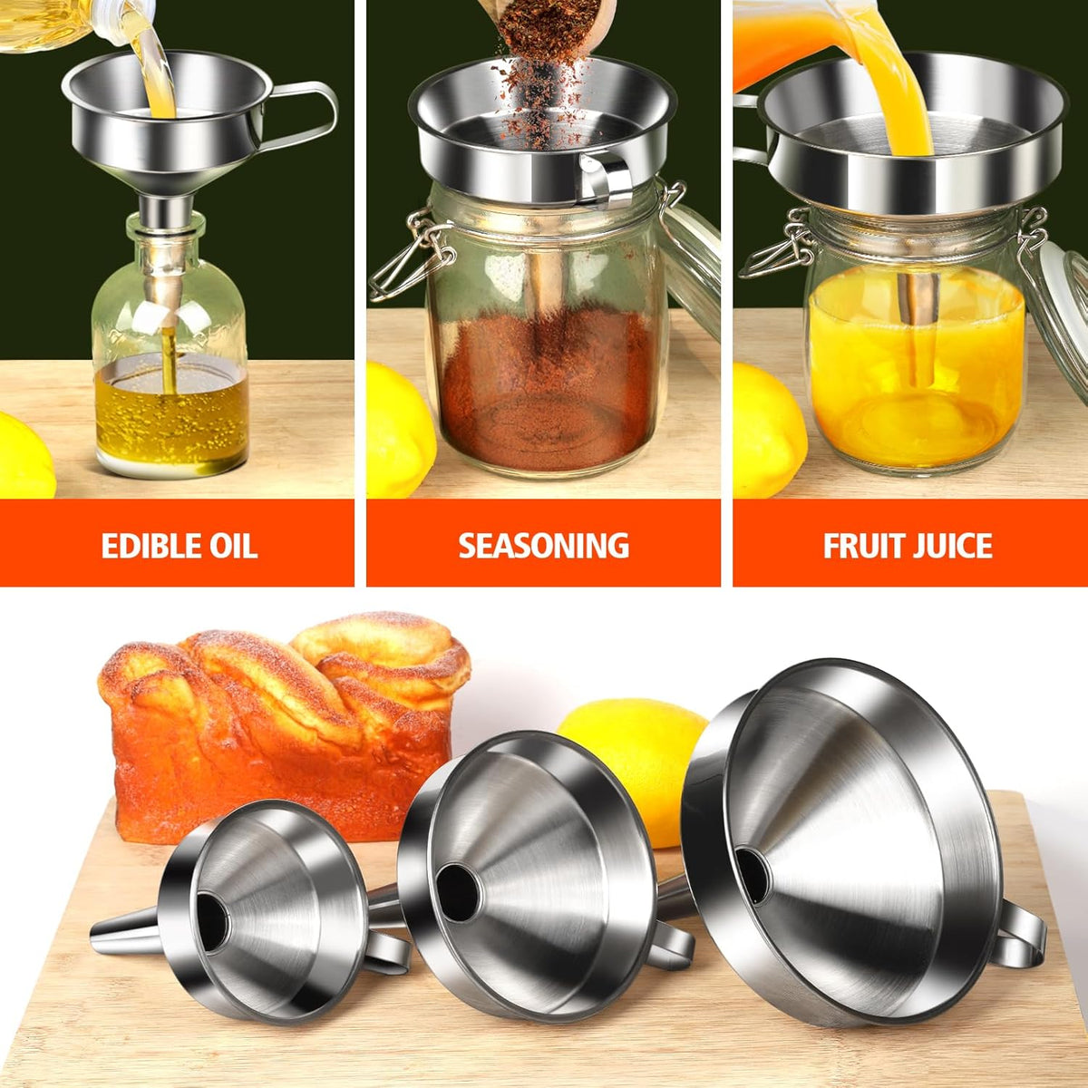 YGDZ Stainless Steel Funnel, 3PCS Kitchen Funnels for Filling Bottles Set, Large Food Grade Metal Funnel with 3pcs Removable Strainer, 2pcs Brushes, Funnels for Kitchen Use, Bottle Funnel for Liquid