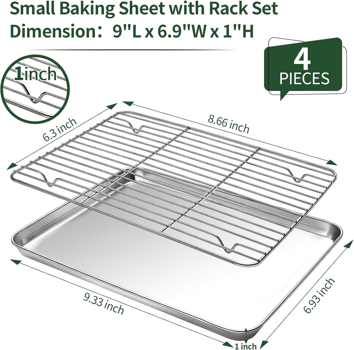 Small Baking Sheet with Cooling Rack Set [2 Baking Pans + 2 Wire Racks], CEKEE Stainless Steel Cookie Sheets for Baking, Heavy Duty & Dishwasher Safe Baking Sheets for Oven, Size 9 x 7 x 1 Inch