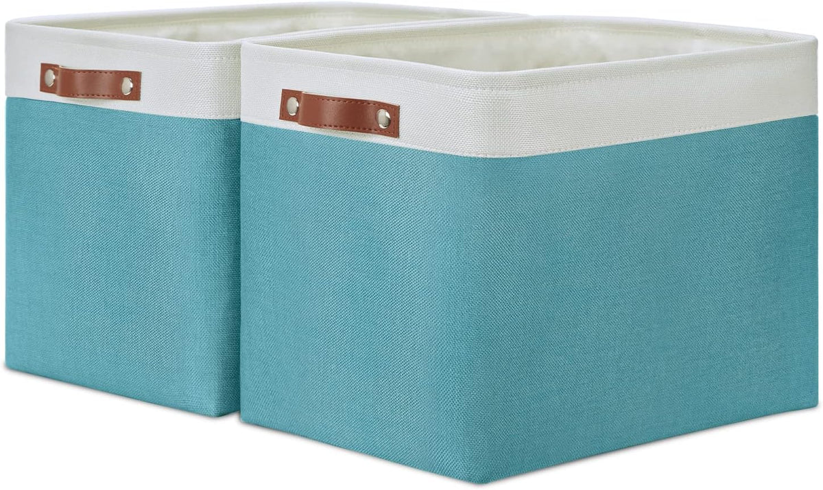DULLEMELO Large Closet Storage Baskets Canvas Storage Baskets for Organizing 2 Pack Collapsible Home Organizer With Handles (White&Teal)