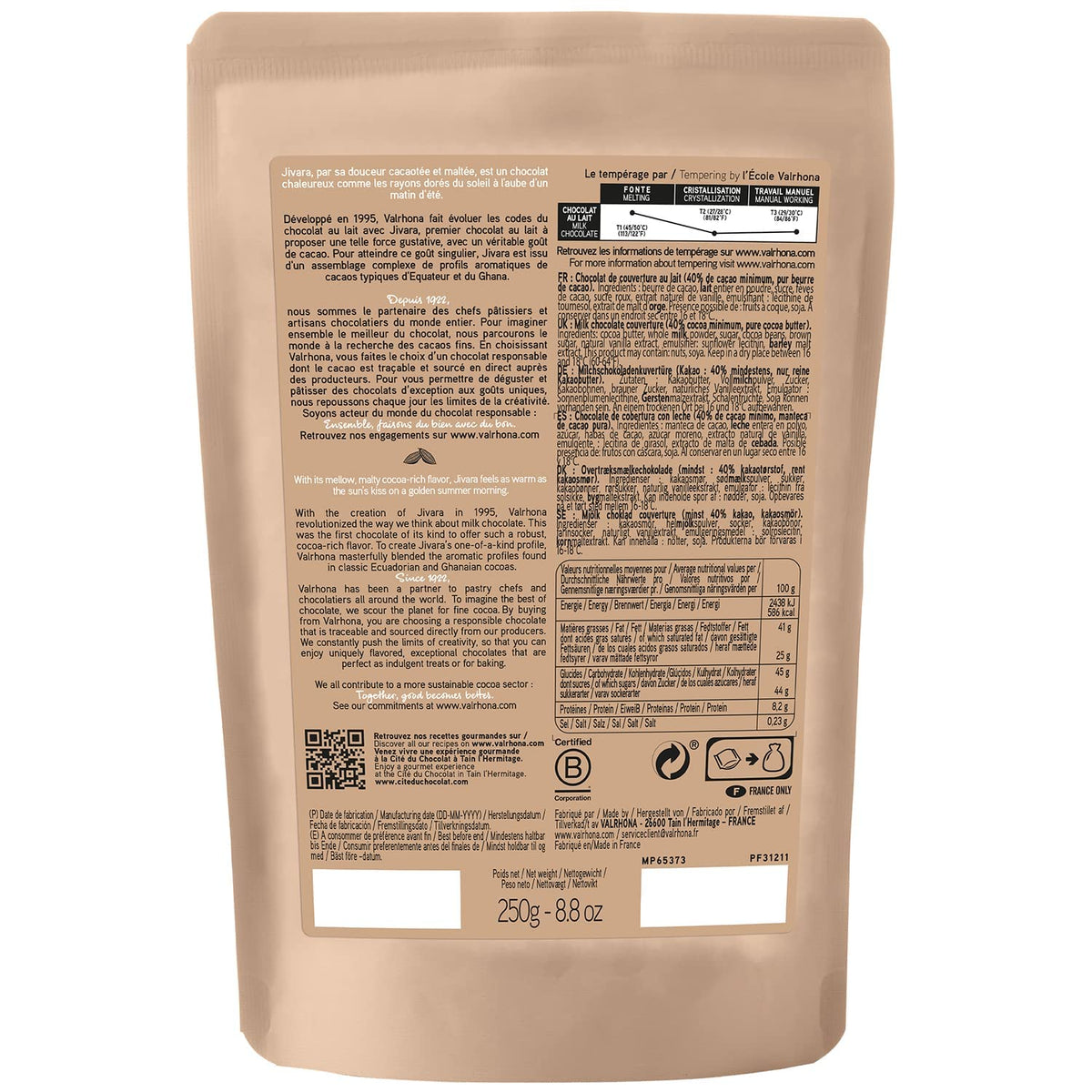 Valrhona Premium French Baking Creamy Milk Chocolate Discs (Feves). JIVARA 40% Cacao. Easy Melt and Tempering. Hints of Vanilla and Malt. For Cookies, Mousses, Frostings and Candies 250g (Pack of 2)