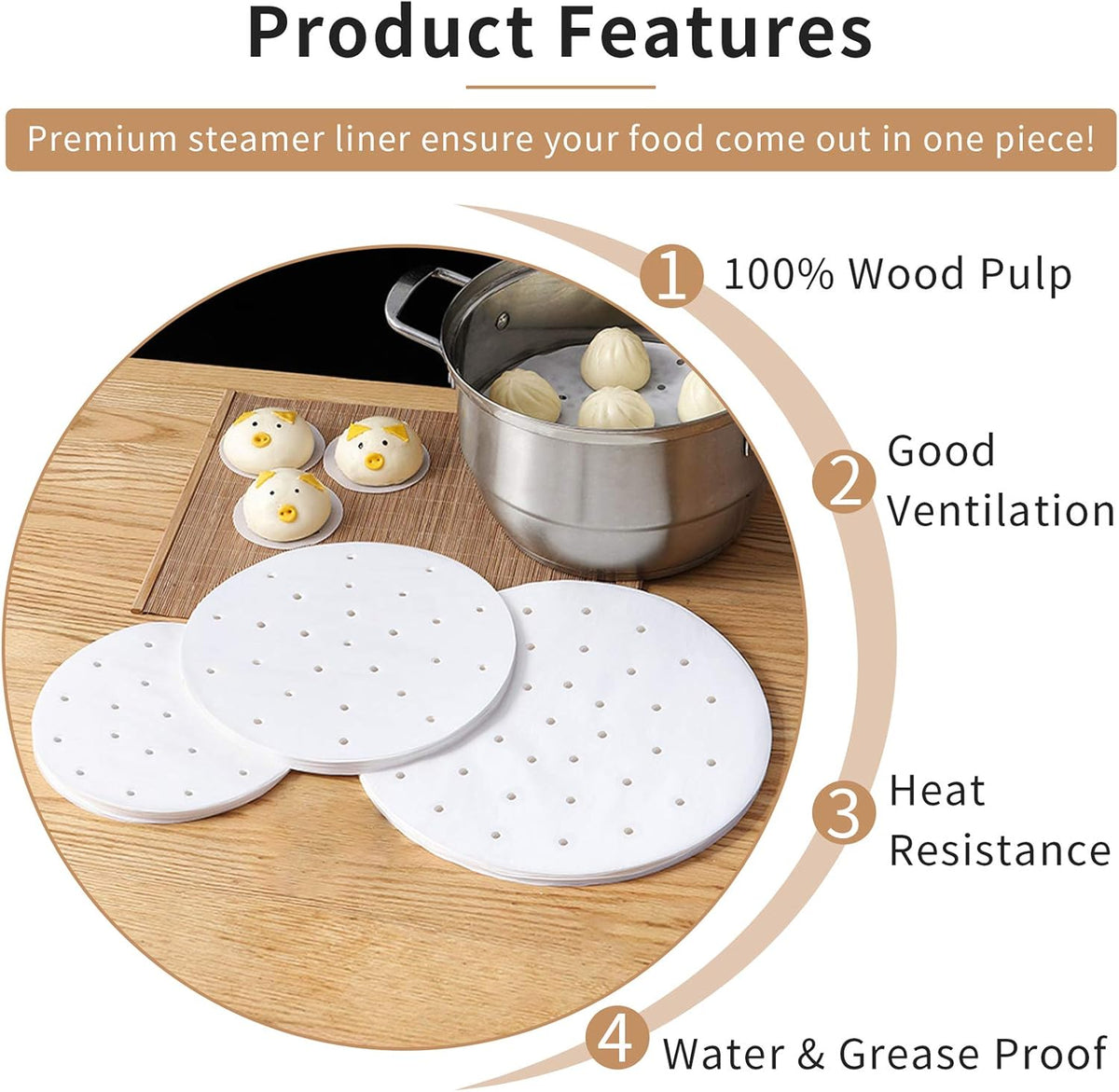 CONIE 12 Inch Steamer Paper Liners, Perforated Parchment Paper for Air Fryer Steaming Basket 100cts