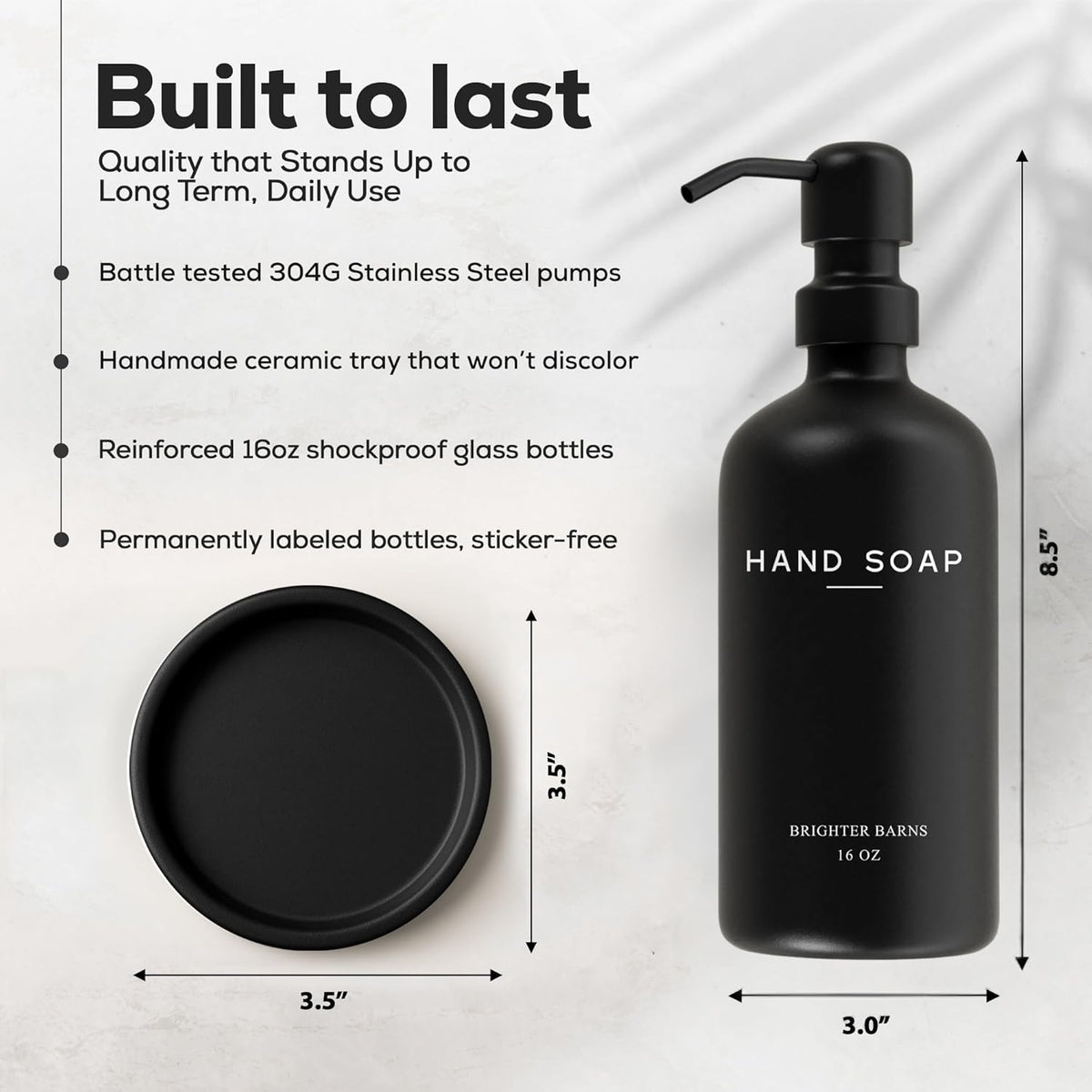 Black Glass Hand Soap Dispenser Bathroom Set by Brighter Barns - Bathroom Soap Dispenser Set with Tray and Stainless Steel Pump - Modern Decor for Kitchen, Hotel, Vacation Rental, Restaurants (Black)