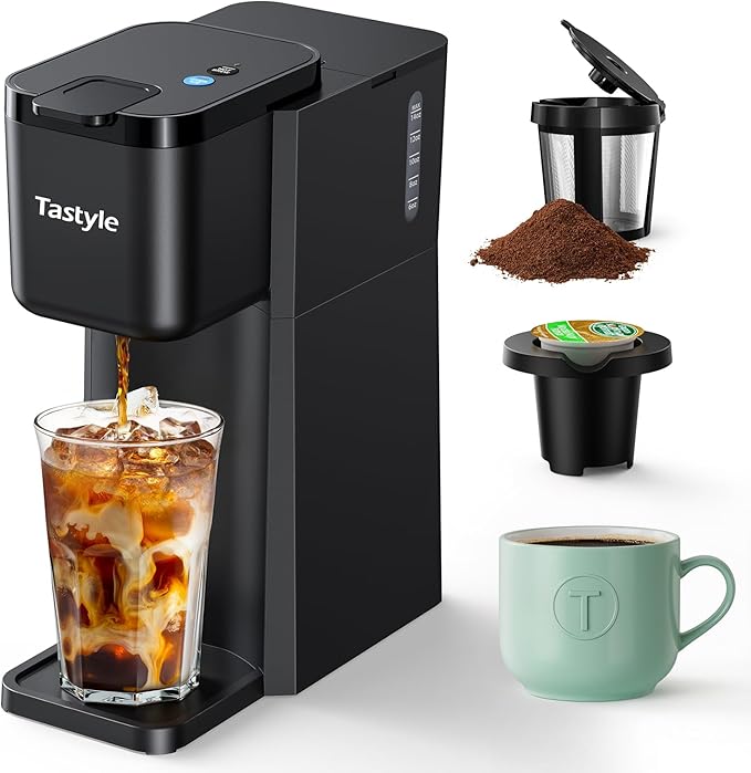 Tastyle Mini Hot and Iced Coffee Maker Single Serve, for K Cup and Ground, 6 to 14 Oz Brew Sizes, with Recipe Book, for Home, Travel, RV, Office and Dorm, Classic Black (2.0 Version)
