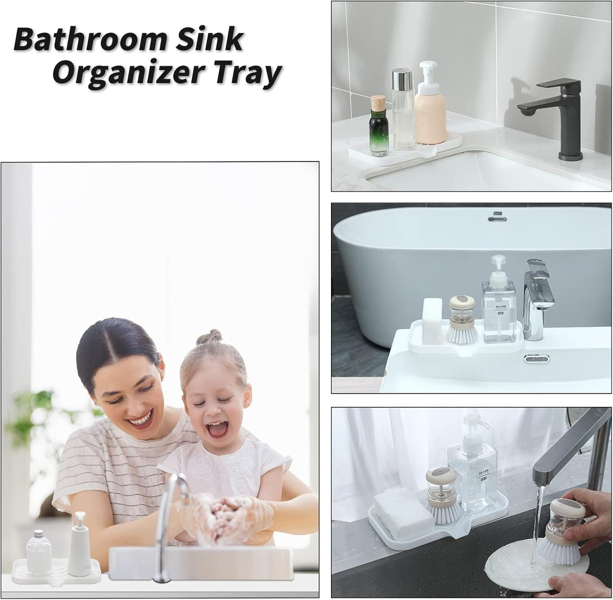 Silicone Bathroom Soap Dishes with Drain Spout-Bathroom and Kitchen Sink Organizer,Sponge Holder,Dish Soap Tray,Perfect for Dispenser,Scrubber,Bottle,Cup on Sink or Counter-White 9.6"×5.3"