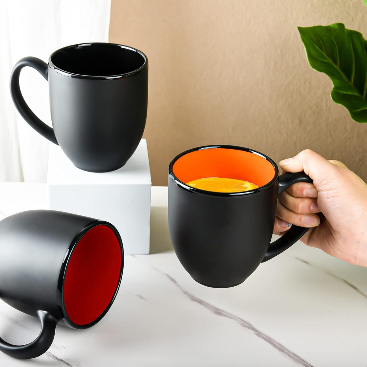 16oz ceramic Coffee Mug Sets with Large Handles Matte Black Porcelain Mug Multiple colors Cups for Coffee, Tea, Juice, Cocoa Set of 6 (16oz)
