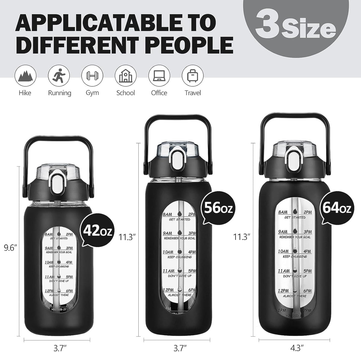 kytffu 56oz Glass Water Bottles with Straw, Motivational Glass Bottle with Silicone Sleeve and Time Marker, Leakproof Large Glass Water Jug for Gym Home Office, Black.