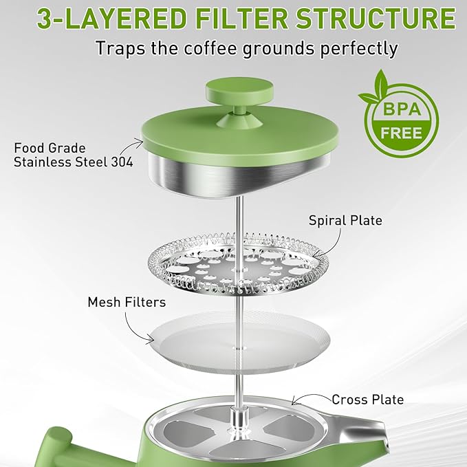 Secura 50oz French Press Coffee Maker – 304 Stainless Steel, Insulated Coffee Press with Extra Filter, Green