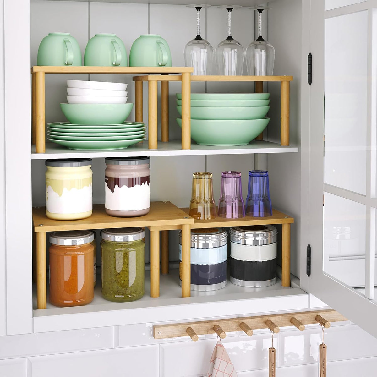 Cabinet Organizer Shelf(Set of 2),Kitchen Counter Shelves,Bamboo Stackable Expandable Spice Rack Countertop(Medium)