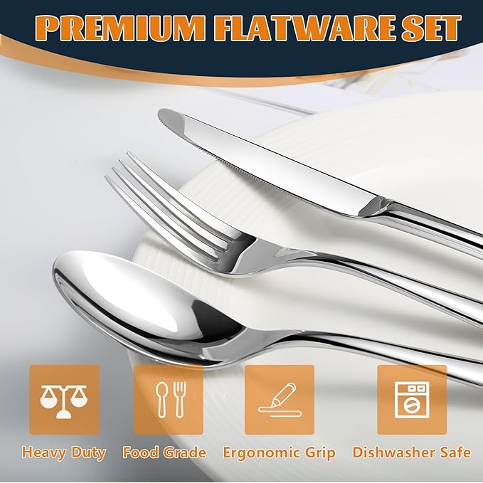 Silverware Set for 8, Heavy Duty Stainless Steel Cutlery Set Flatware Set,40 Piece Premium Silverware, Mirror Polished Modern Cutlery include Fork Knife Spoon Set,Dishwasher Safe