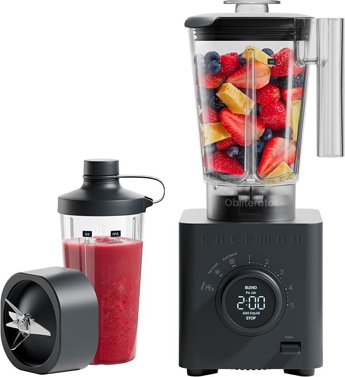 Chefman Obliterator 48 oz Countertop Blender for Smoothies, 1380W Motor to Crush Ice, Nuts, and Frozen Fruit with Stainless Steel Blade, Auto Blend Function, Includes 20 oz Travel Jar