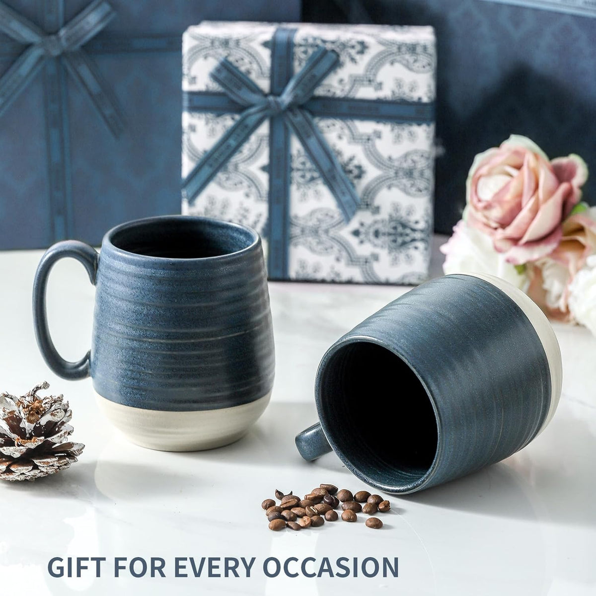 Hasense Ceramic Coffee Mugs Set of 2, 20 oz Tea Cups with Comfortable Handles, Perfect for Coffee, Latte, and Hot Beverages, Microwave and Dishwasher Safe, Deep Blue