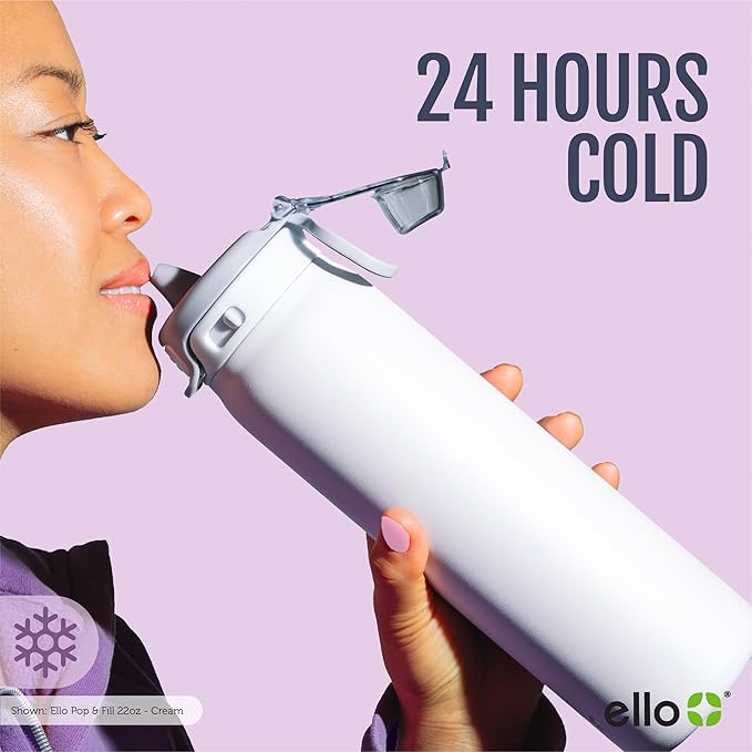 Ello Pop & Fill 32oz Stainless Steel Water Bottle with Quick Fill Technology, Double Walled and Vacuum Insulated Metal, Leak Proof Locking Lid, Sip and Chug, Reusable, BPA Free, Tonal Cream