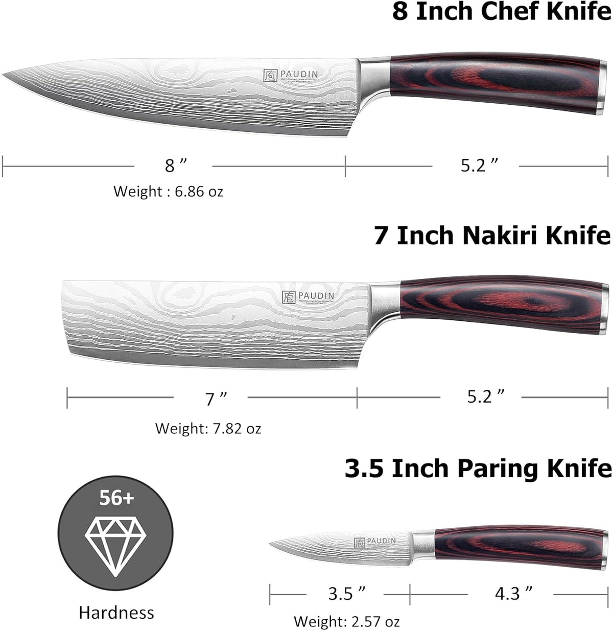PAUDIN Kitchen Knife Set, 3 Piece High Carbon Stainless Steel Professional Chef Knife Set with Ultra Sharp Blade & Wooden Handle (Kitchen Knife Set 3 Pcs)