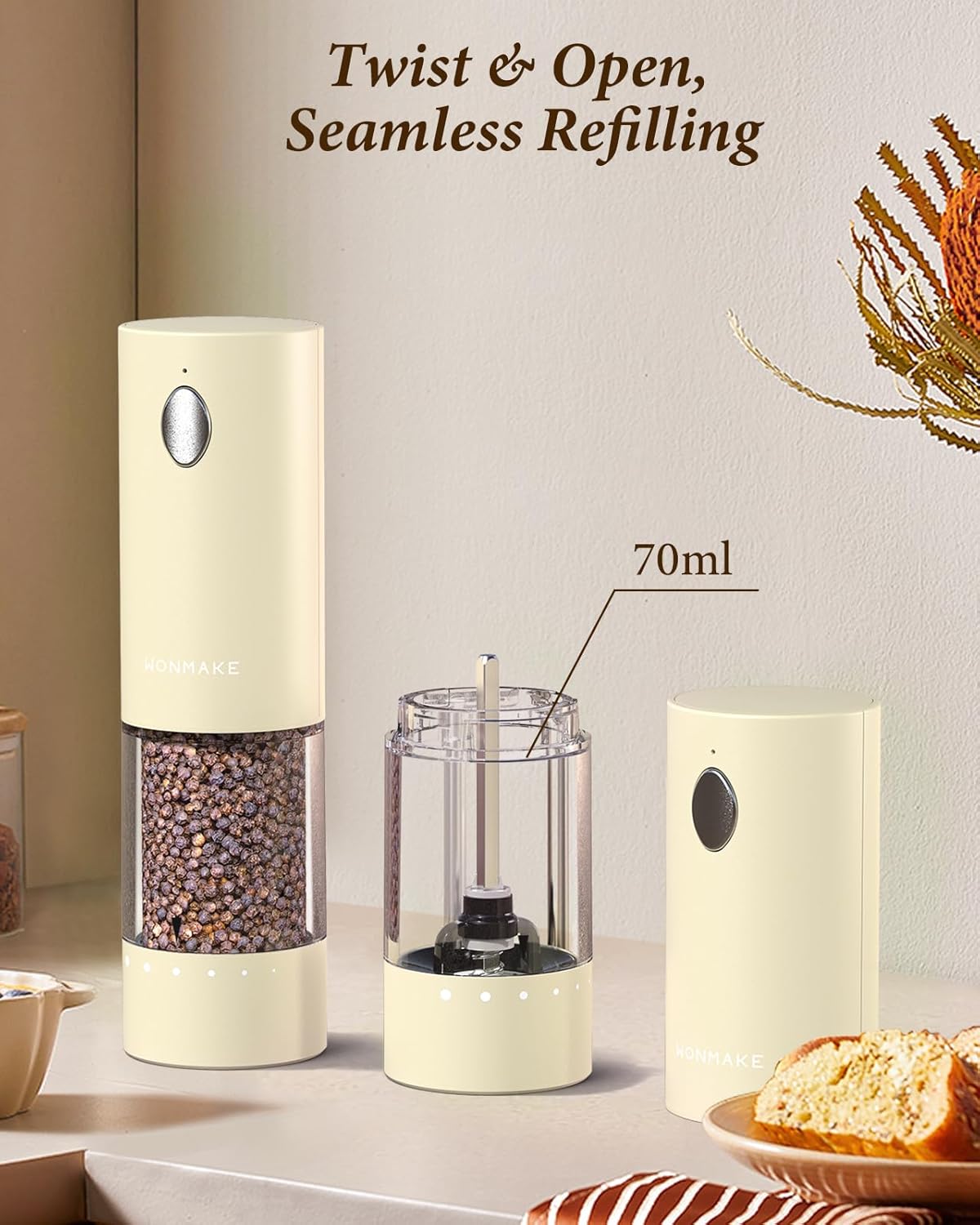 Electric Salt and Pepper Grinder Set - Automatic Refillable Salt and Pepper Grinders with Charging Base & LED Light, 6-Level Adjustable Coarseness with External Dial, Ideal Kitchen Gadget，Beige