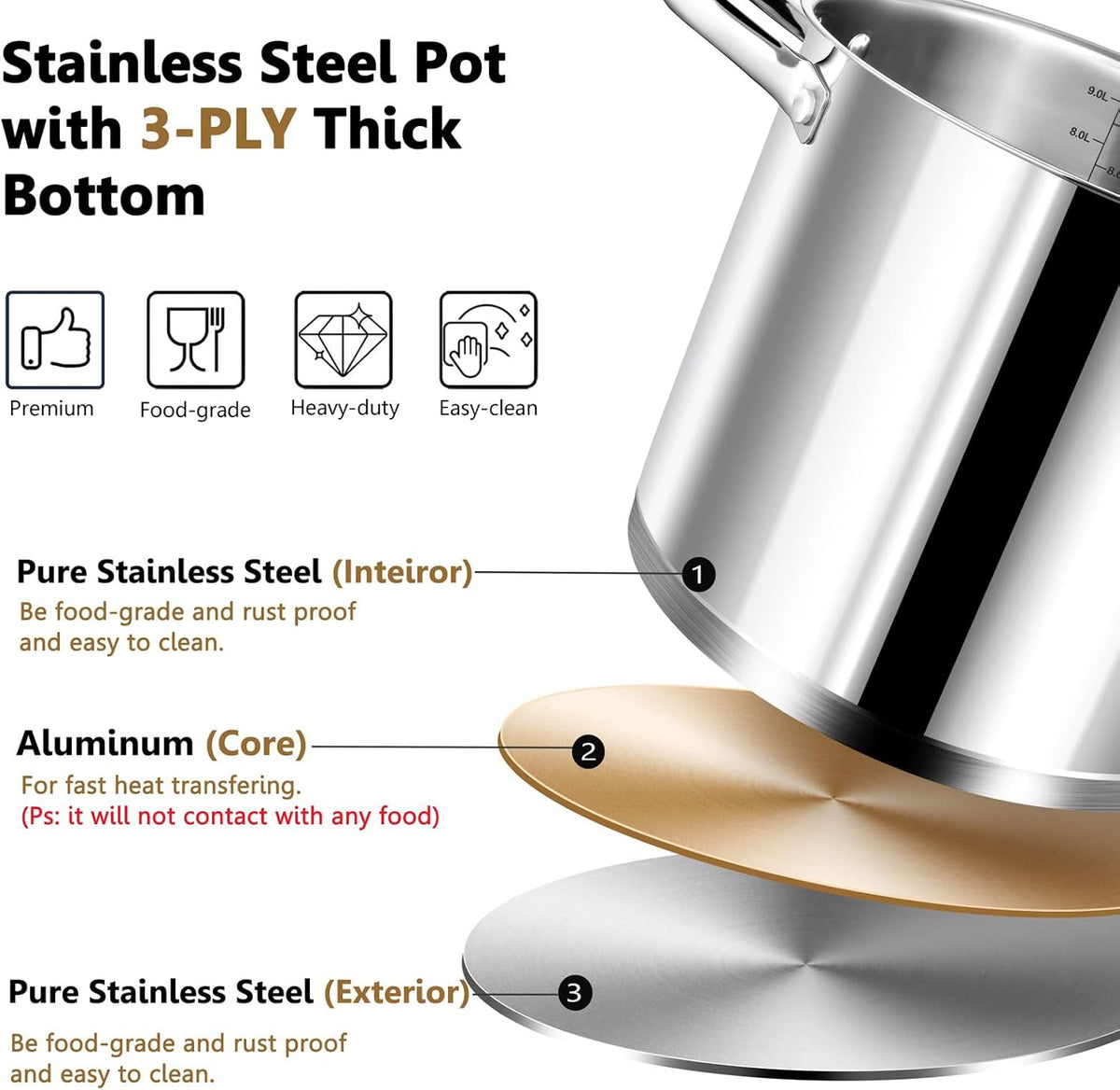 P&P CHEF 10 Quarts Cooking Stock Pot with Lid, Stainless Steel Stockpot Induction Pot for Soup, Tri-Ply Bottom & Clear Glass Lid & Double Handle, Dishwasher Safe
