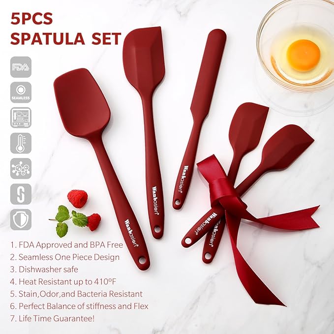 Wanbasion 5 Piece Premium Silicone Spatula Set Heat Resistant, Kitchen Spatula Set Dishwasher Safe for Nonstick Cookware Cooking Mixing Deep Red
