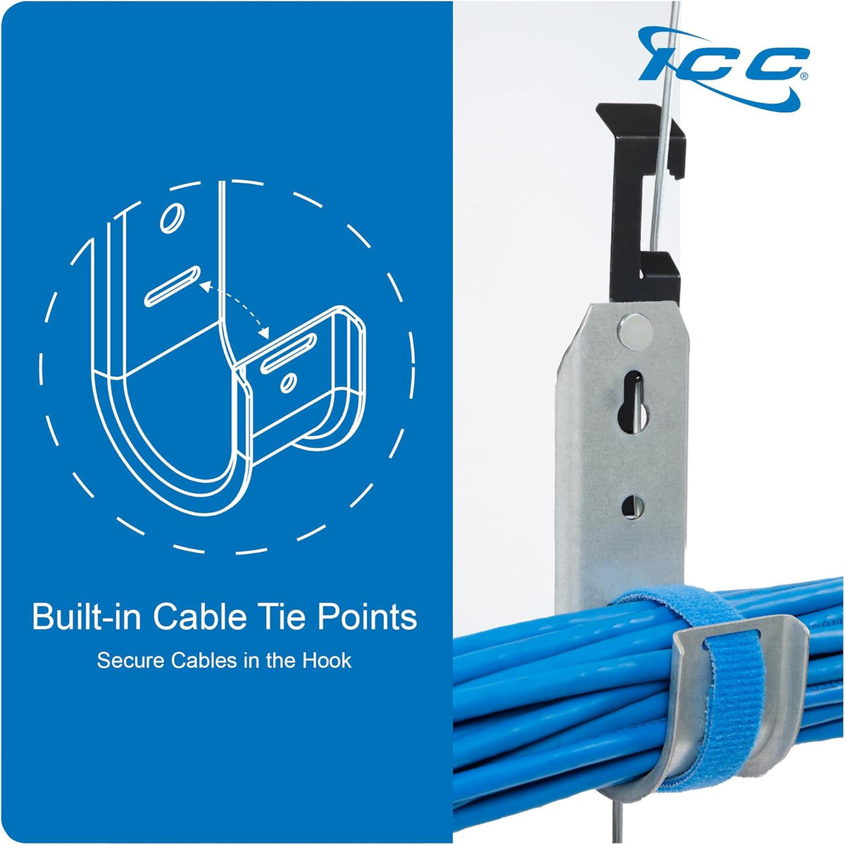ICC Batwing J Hook 1 5/16” Without Retainer Clip - Galvanized Steel Cable Management Hooks for Hanging Cable to Hanger Wire and Threaded Rod - Rust-Resistant, EIA and TIA Compliant, 1 5/16 in 25 Pack
