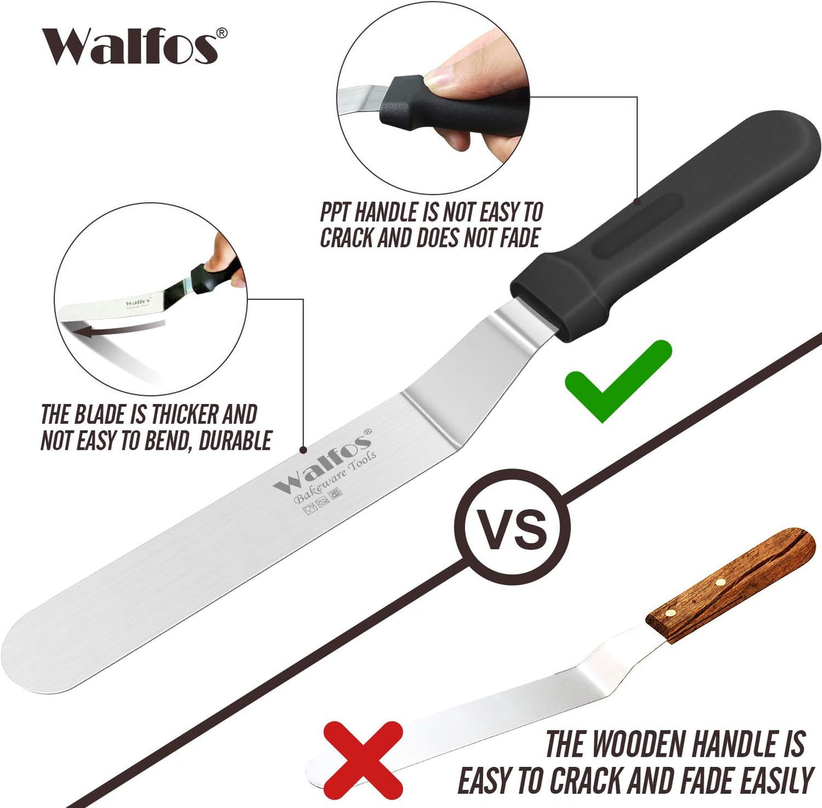 Walfos Icing Spatula, Stainless Steel Cake Spatula with Sturdy and Durable Handle Cake Decorating Spatula - Multi purpose Use for Home, Kitchen or Bakery (6” Angled + 8" Straight)…