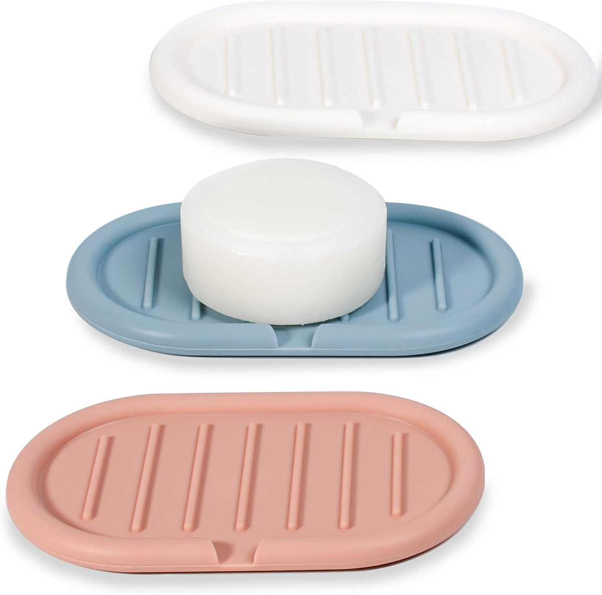 Self-Draining Oval-Shaped Silicone Soap Dish, Soap Holder/Tray/Saver for Shower, Bathroom, Kitchen, Keep Soap Dry, Easy to Clean (3, Light Color)