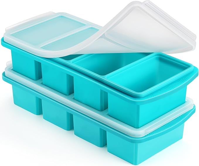 Silicone Freezer Tray with Lid - 1 Cup Silicone Food Freezer Tray - Large Ice Cube Freezer Molds - Soup, Sauce, leftovers, Homemade Meal Prep Freezing Kitchen Storage Containers - Aqua - 2-Pack