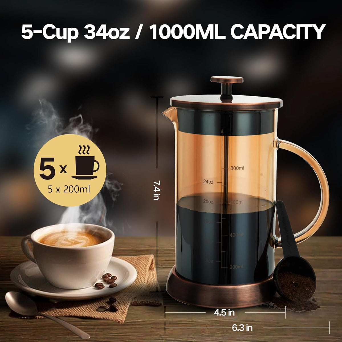 34 Ounce French Press Coffee Maker, 5-Cup Espresso Coffee Maker, Copper Cold Brew Heat Resistant Thickened Borosilicate Coffee Pot with 4 Stainless Steel Filter Screens