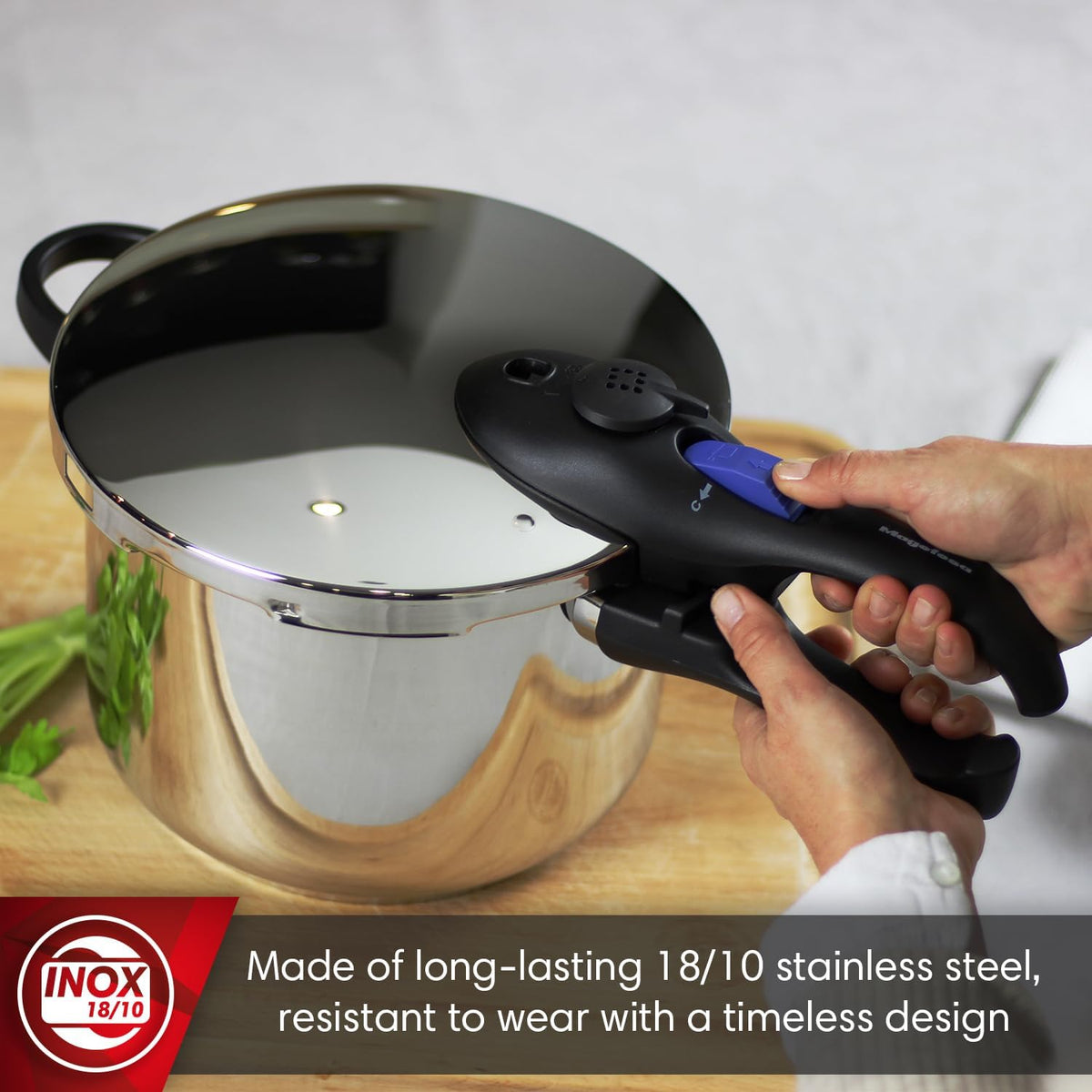 MAGEFESA Favorit Six Fast-Cooking Pressure Cooker Set, 3.2 Qt & 6.3 Qt, Stainless Steel, Induction Compatible, Heat Diffuser Base, 5 Safety Systems – Special Edition (Steam Basket, Lid & Recipe Book)