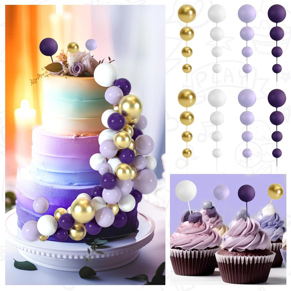 48 Pcs Balls Cake Topper Decorations Balloon Cupcake Toppers Foam Cake Topper Balls Cake Balls Decorations for Birthday Party Wedding Cake Decorating (Purple, Light Purple, White, Gold)