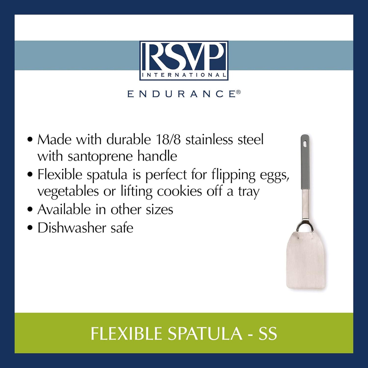 RSVP International Endurance Kitchen Tool Collection Flexible Stainless Steel, Dishwasher Safe, Spatula