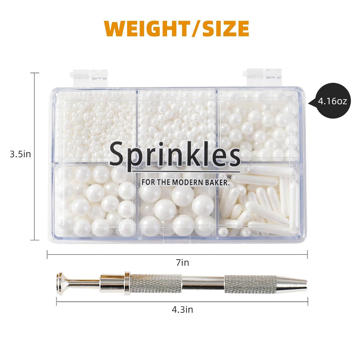Kasvan White Mix Sugar Sprinkles - Edible Candy Pearls with 4-Claw Sprinkle Pen,118g/4.16 Oz, Gift Box Pack, Baking Cake Decorations, Ice Cream Toppings and Cookie Decorating, Wedding Party Chirstmas Supplies