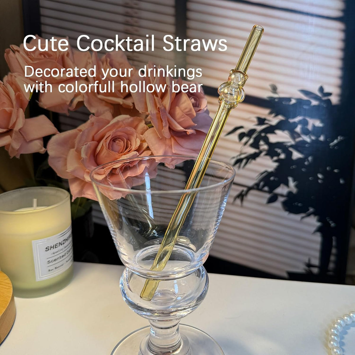 Glass Straws 8 Pcs Cute Bear Cocktail Straws with 2 Cleaning Brushes 7.87 Inch Reusable Straw Shatter Resistant Colorful Straw Dishwasher Safer for Juice, Smoothie, Milkshakes, MilkTeas