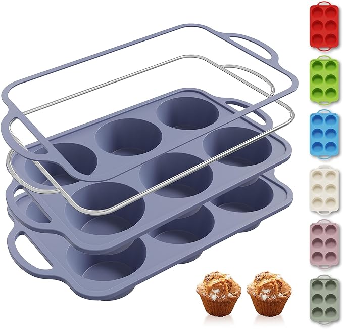 2 Packs 6 Cups Silicone Muffin Pan with Metal Reinforced Frame Jumbo Size Cupcake Pan Tray Egg Bites Silicone Circle Round Cookie Molds Muffin Tin Tall Tart Pans Baking Sheet Breakfast Sandwiches