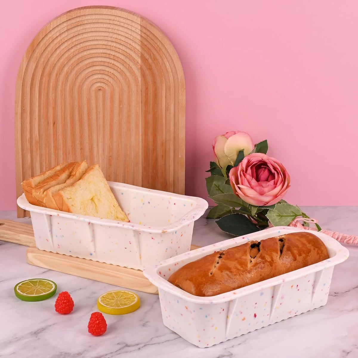 Sakolla 2 Pack Silicone Bread Loaf Molds, Nonstick Easy Release Rectangle Silicone Loaf Pan for Baking Cake, Meatloaf, Banana Bread, Brownies, and Quiche (Confetti)